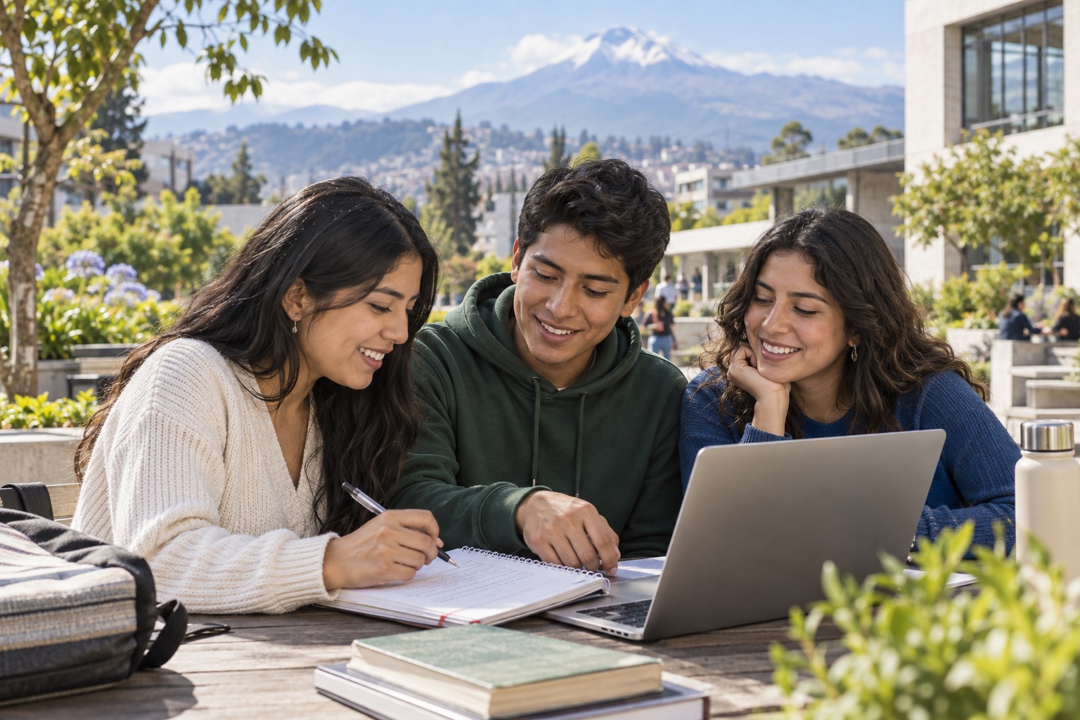 Imagen ilustrativa de jóvenes adultos estudiando juntos en un campus